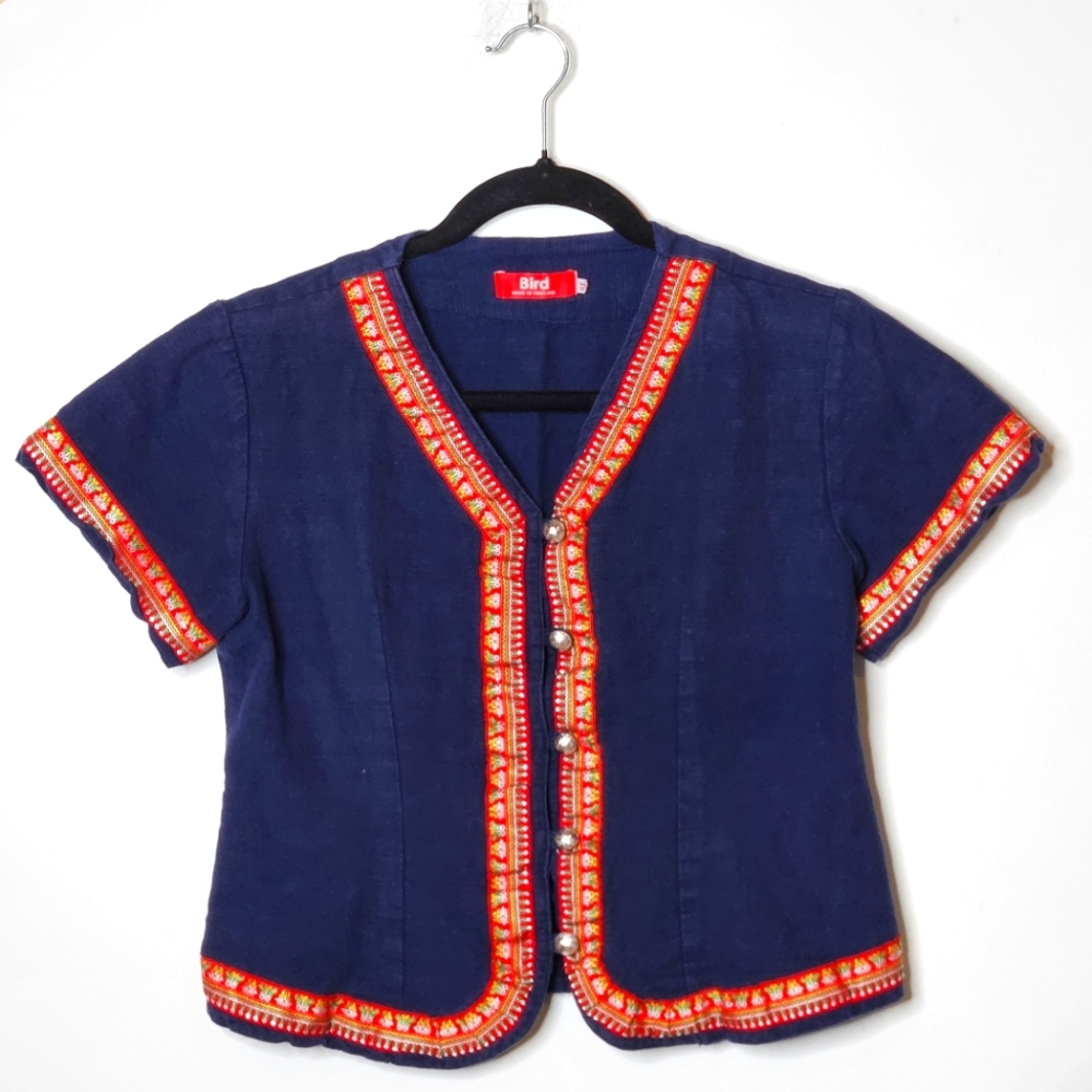 Bird Brand Vintage Handmade‎ Thai Cotton Kids XL Navy Blue Embroidered Top